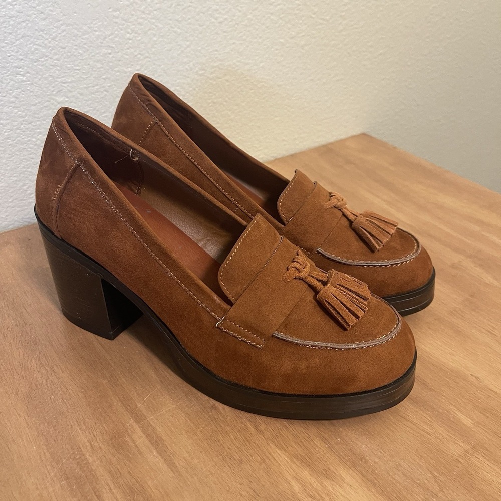NEW Mia Lilliana Chunky Block Heel Loafers Platform Suede Tassels Brown Sz 9